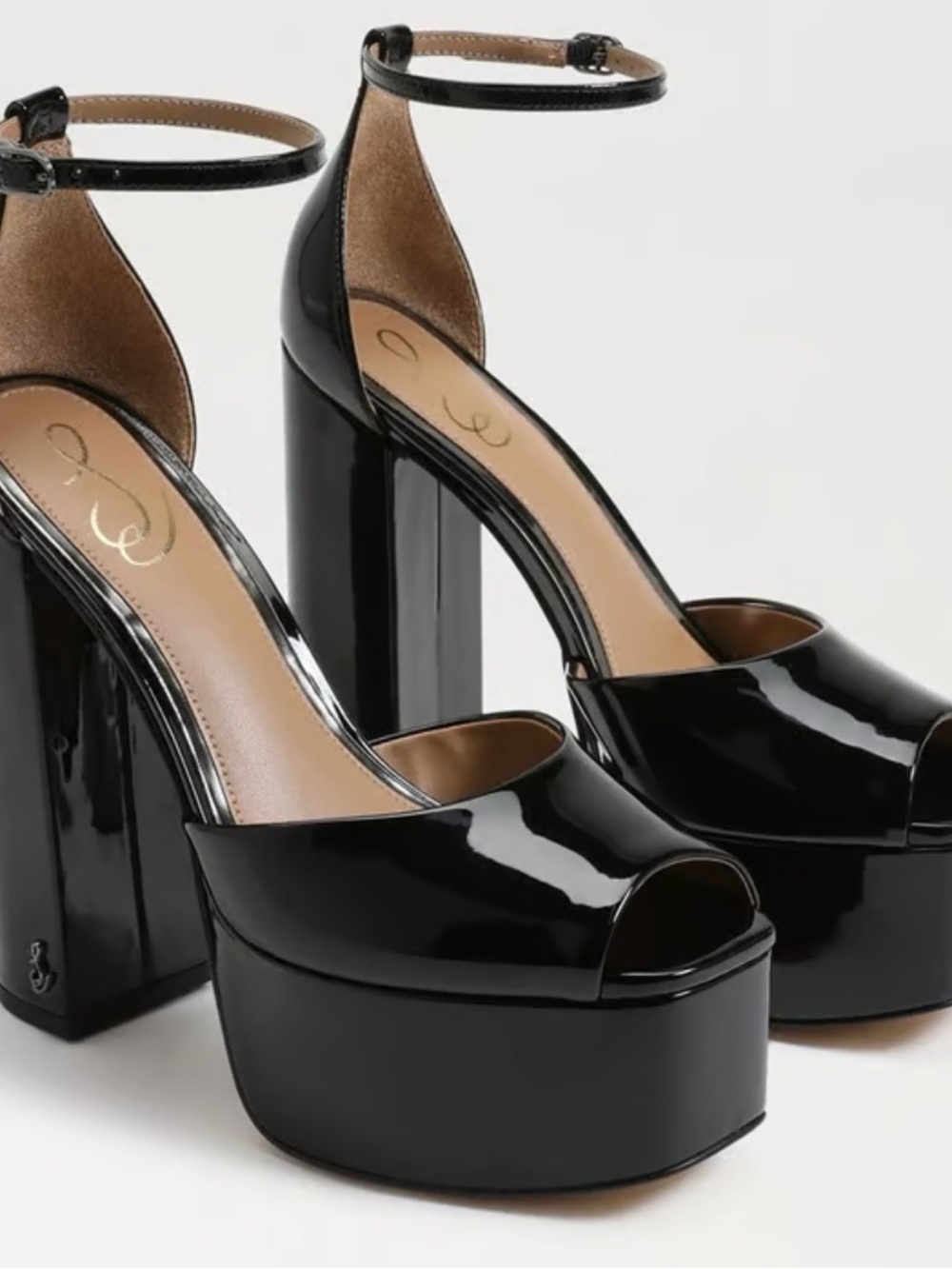 Sam Edelman Black Patent Platform Peep-Toe Heels with Ankle Strap